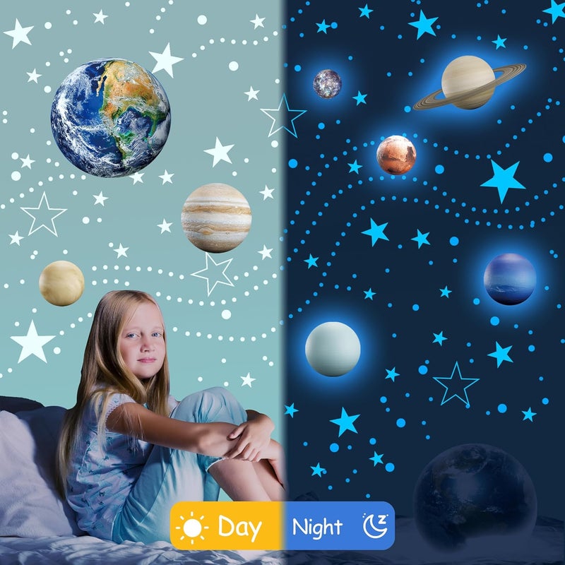 Robmoda Glow in The Dark Stars Solar System Wall Decals, The Earth Wall Stickers for Bedroom, Baby Nursery Planets Sticker Decoration for Ceiling (Blue) - Image 3